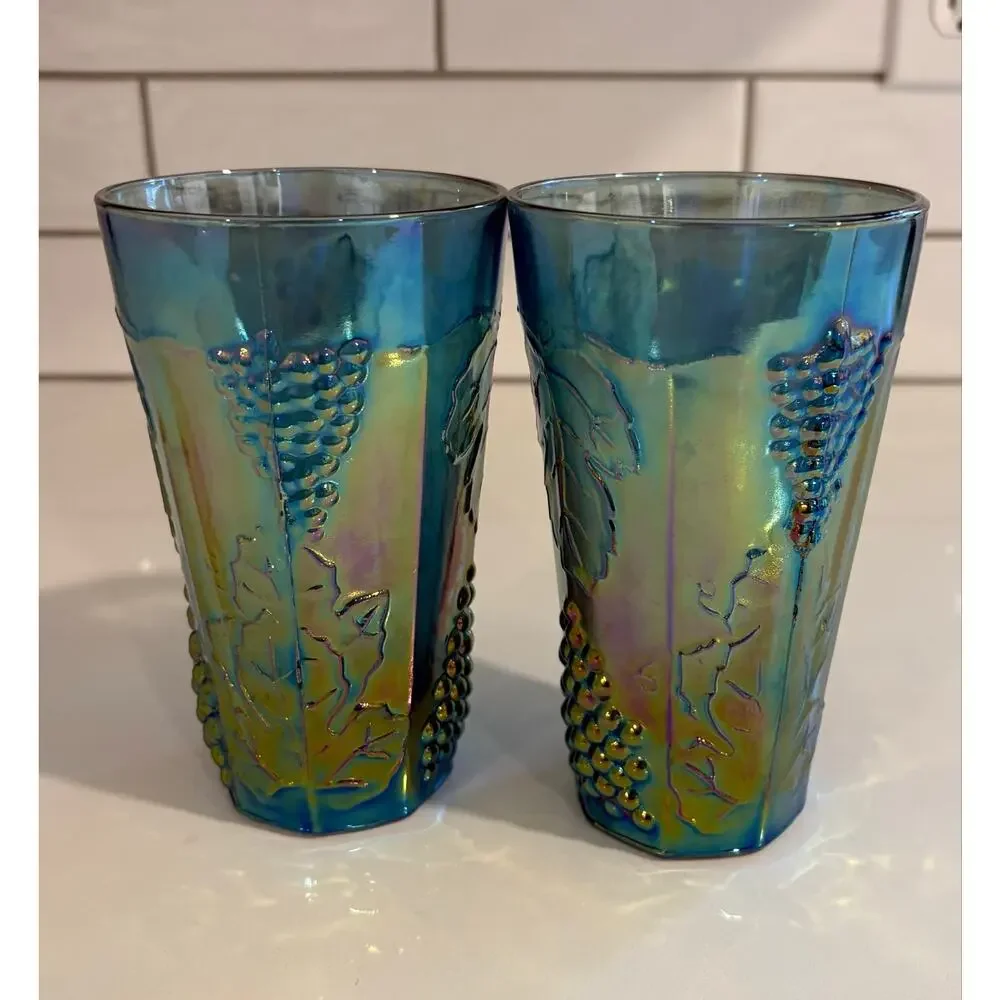 Pair of Vintage Indiana Carnival Glass Irridescent Tumblers with Grape Motif